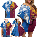 Custom Broncos-Bulldogs Family Matching Off Shoulder Short Dress and Hawaiian Shirt NRL Tribal Half Style