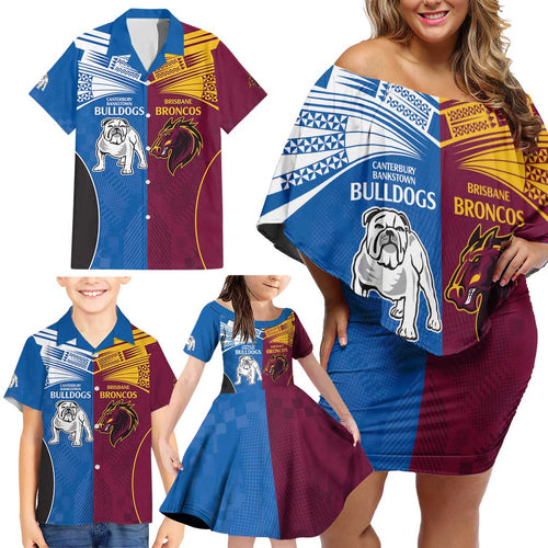 Custom Broncos-Bulldogs Family Matching Off Shoulder Short Dress and Hawaiian Shirt NRL Tribal Half Style