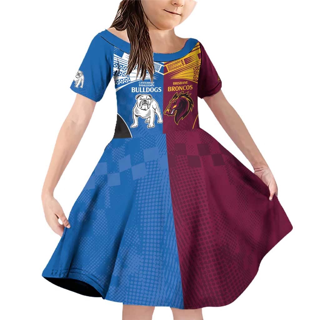 Custom Broncos-Bulldogs Family Matching Off Shoulder Short Dress and Hawaiian Shirt NRL Tribal Half Style