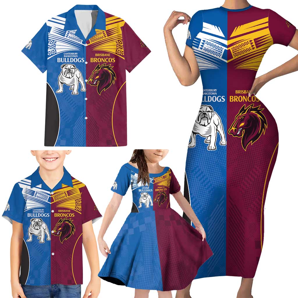 Custom Broncos-Bulldogs Family Matching Short Sleeve Bodycon Dress and Hawaiian Shirt NRL Tribal Half Style