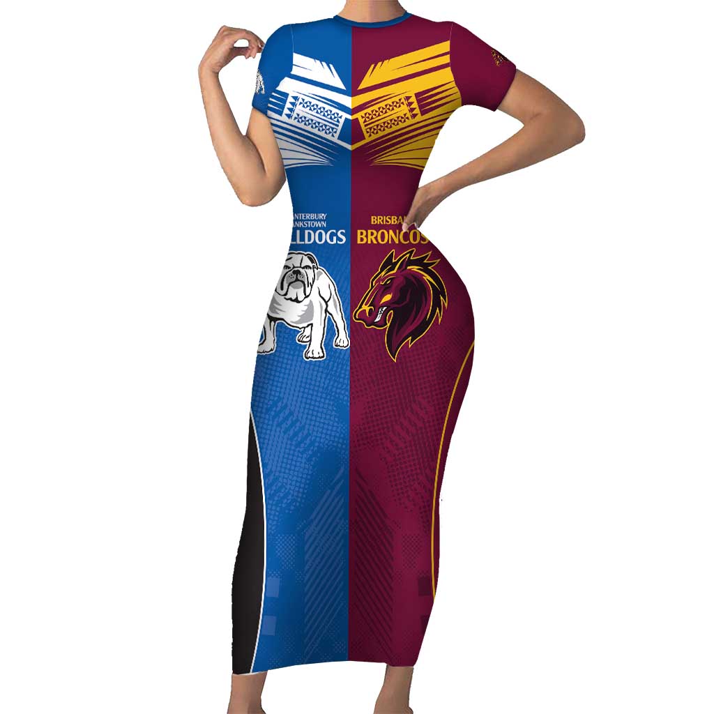Custom Broncos-Bulldogs Family Matching Short Sleeve Bodycon Dress and Hawaiian Shirt NRL Tribal Half Style