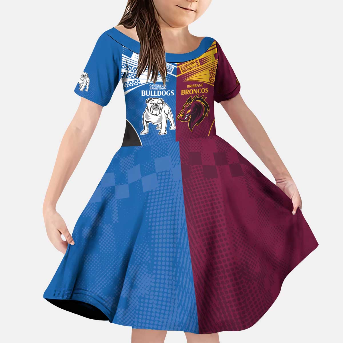 Custom Broncos-Bulldogs Kid Short Sleeve Dress NRL Tribal Half Style