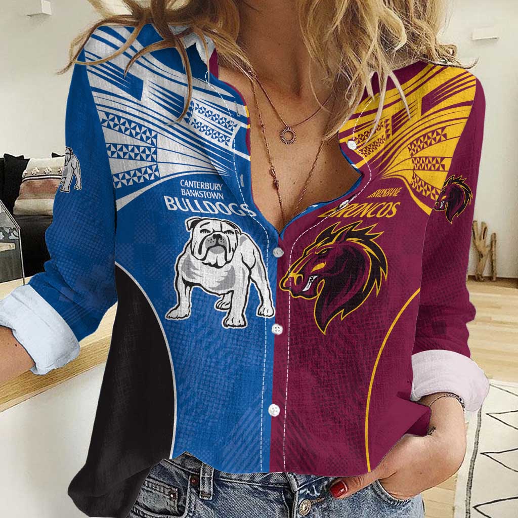 Custom Broncos-Bulldogs Women Casual Shirt NRL Tribal Half Style