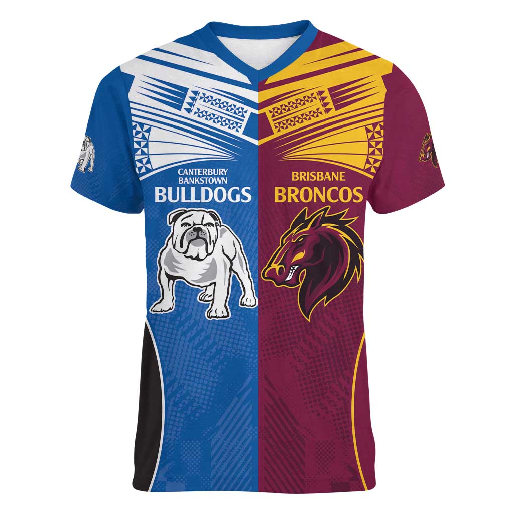 Custom Broncos-Bulldogs Women V-Neck T-Shirt NRL Tribal Half Style