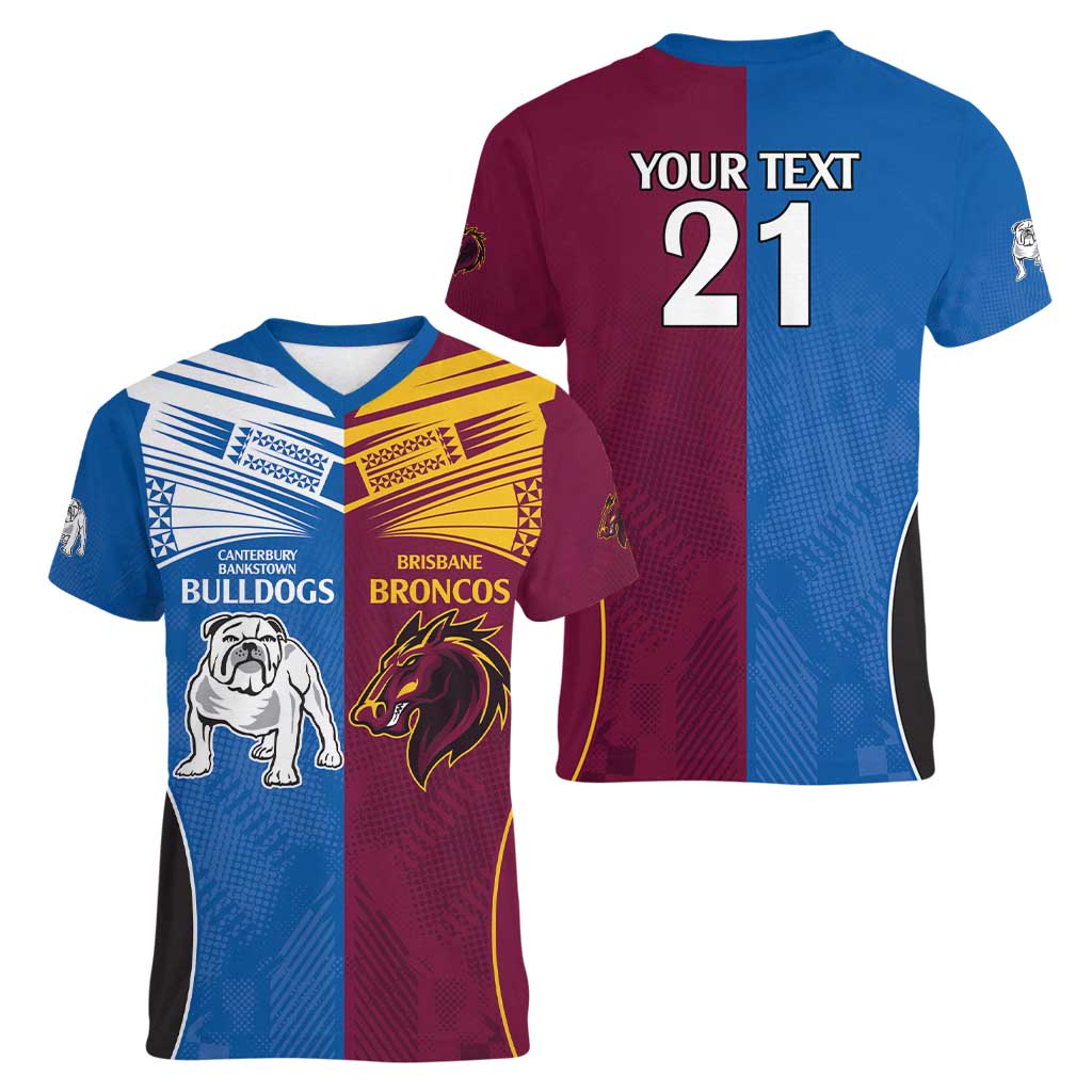 Custom Broncos-Bulldogs Women V-Neck T-Shirt NRL Tribal Half Style