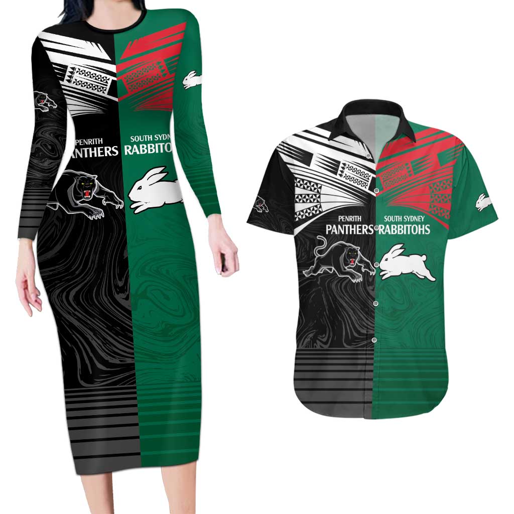 Custom Rabbitohs-Panthers Couples Matching Long Sleeve Bodycon Dress and Hawaiian Shirt NRL Tribal Half Style