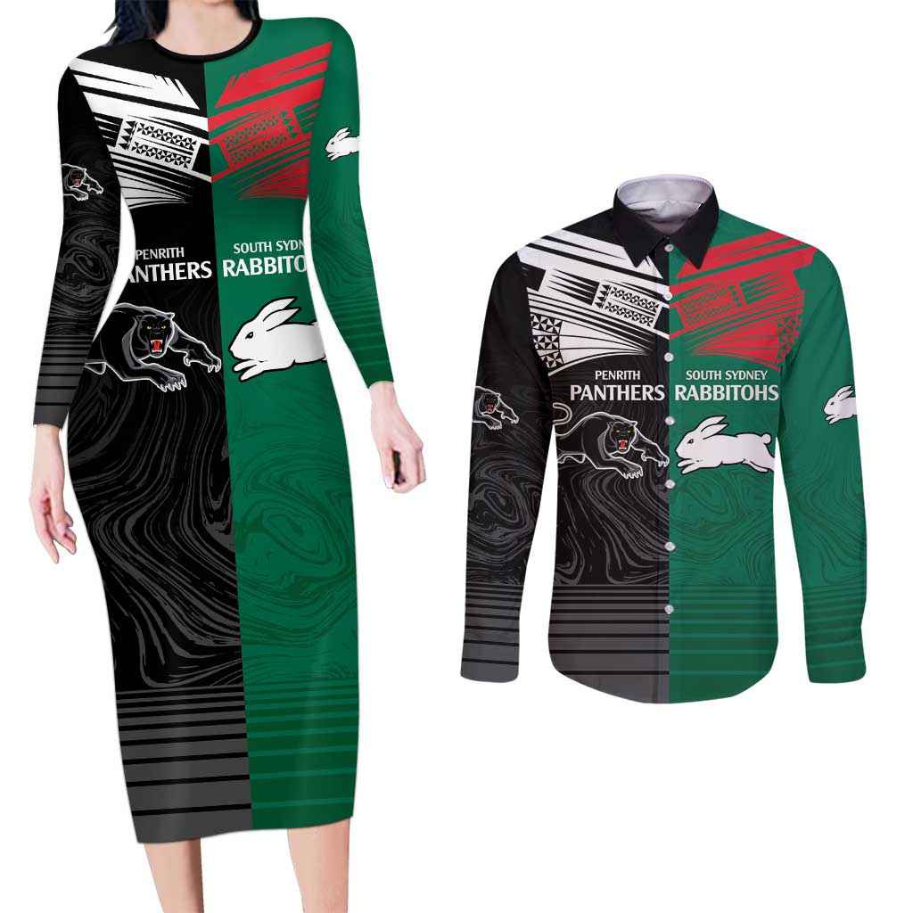 Custom Rabbitohs-Panthers Couples Matching Long Sleeve Bodycon Dress and Long Sleeve Button Shirt NRL Tribal Half Style