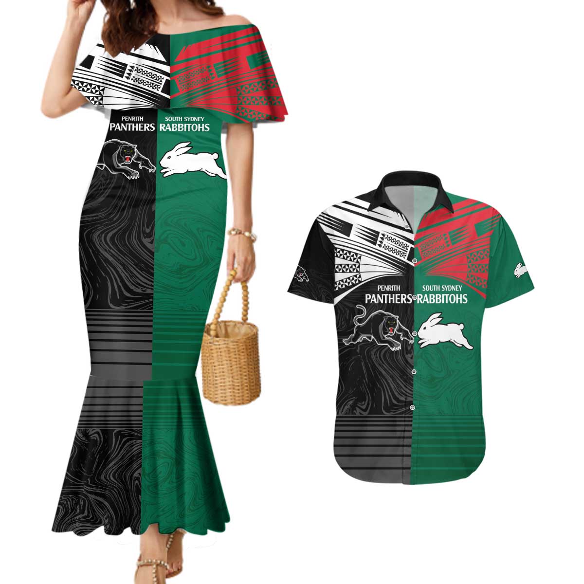 Custom Rabbitohs-Panthers Couples Matching Mermaid Dress and Hawaiian Shirt NRL Tribal Half Style