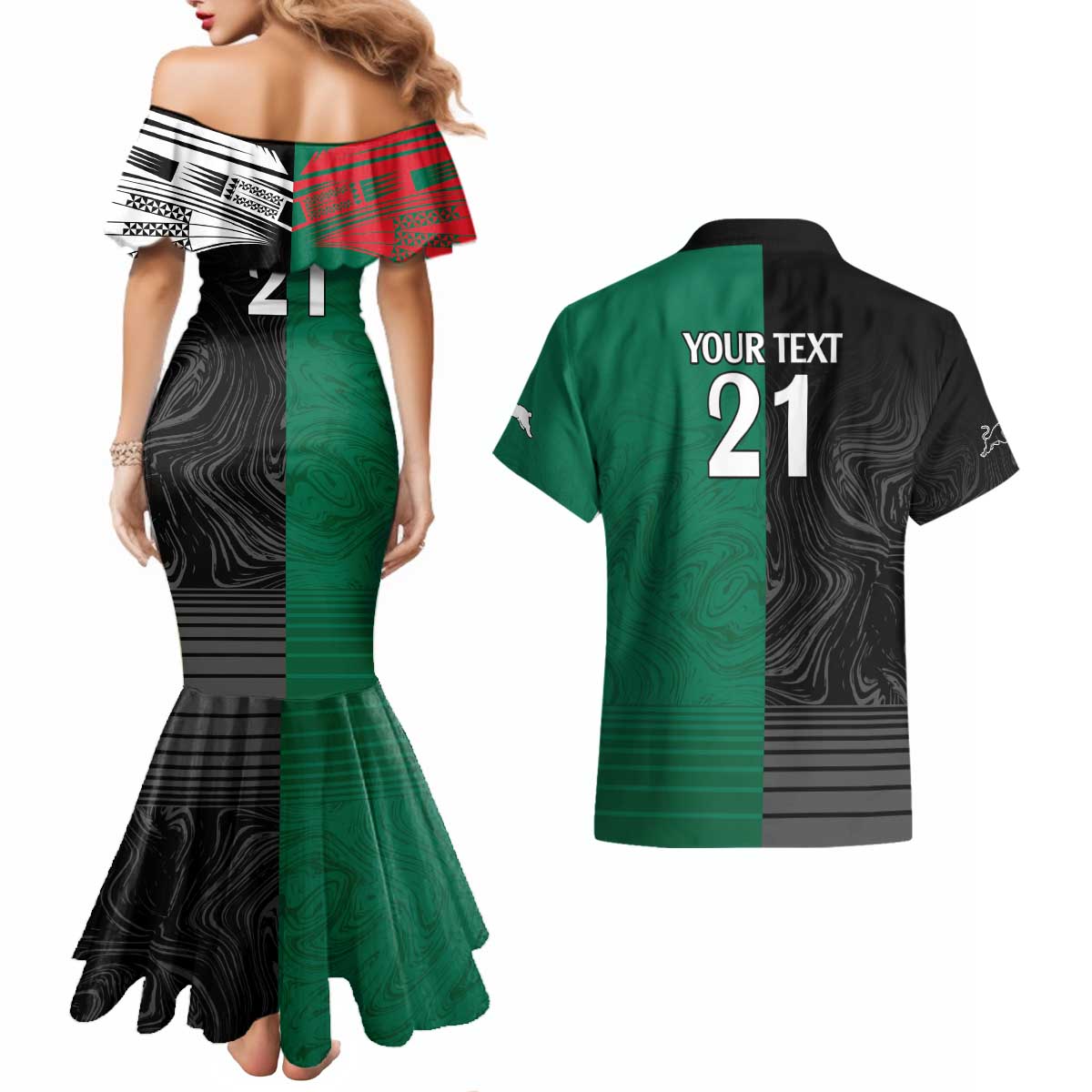 Custom Rabbitohs-Panthers Couples Matching Mermaid Dress and Hawaiian Shirt NRL Tribal Half Style