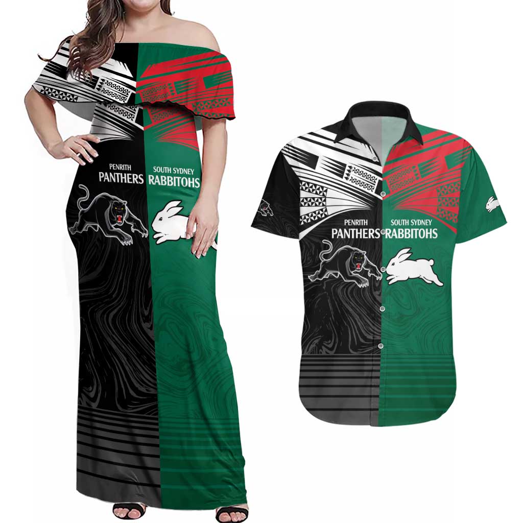 Custom Rabbitohs-Panthers Couples Matching Off Shoulder Maxi Dress and Hawaiian Shirt NRL Tribal Half Style