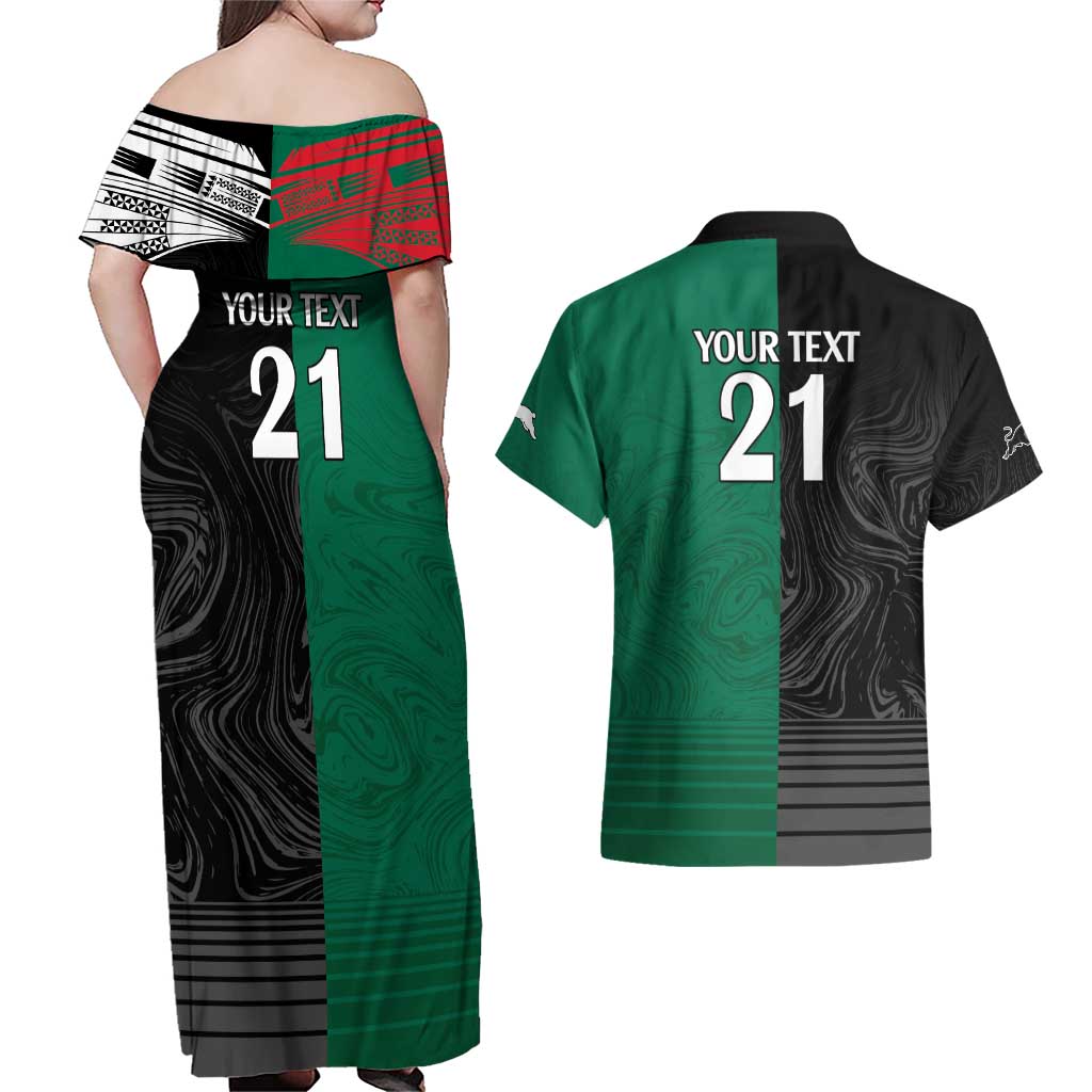 Custom Rabbitohs-Panthers Couples Matching Off Shoulder Maxi Dress and Hawaiian Shirt NRL Tribal Half Style