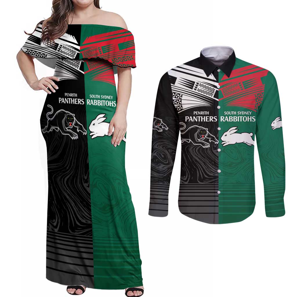 Custom Rabbitohs-Panthers Couples Matching Off Shoulder Maxi Dress and Long Sleeve Button Shirt NRL Tribal Half Style