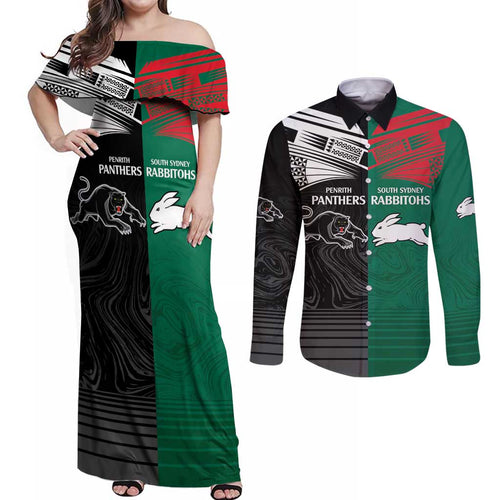 Custom Rabbitohs-Panthers Couples Matching Off Shoulder Maxi Dress and Long Sleeve Button Shirt NRL Tribal Half Style