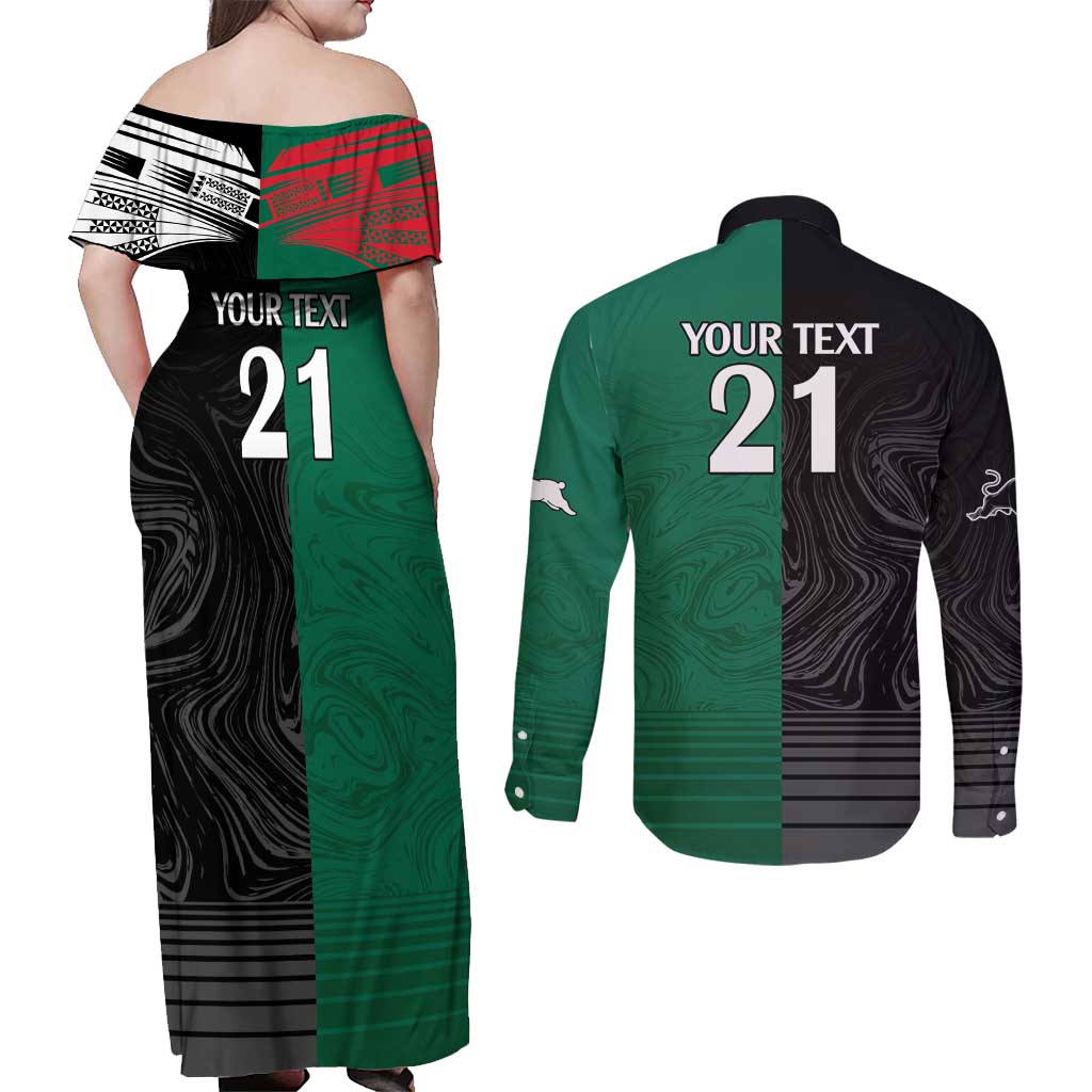 Custom Rabbitohs-Panthers Couples Matching Off Shoulder Maxi Dress and Long Sleeve Button Shirt NRL Tribal Half Style