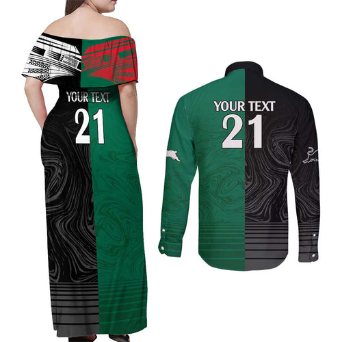 Custom Rabbitohs-Panthers Couples Matching Off Shoulder Maxi Dress and Long Sleeve Button Shirt NRL Tribal Half Style