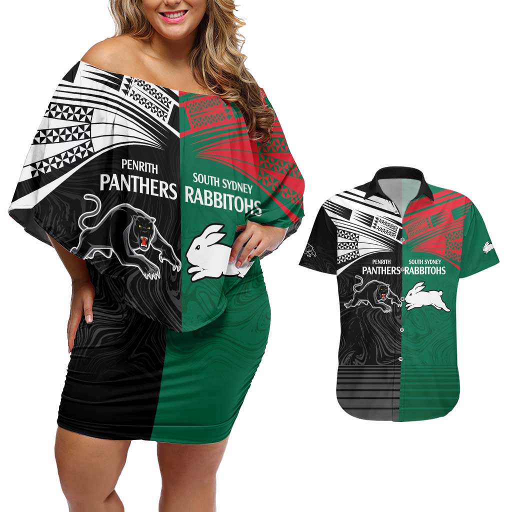 Custom Rabbitohs-Panthers Couples Matching Off Shoulder Short Dress and Hawaiian Shirt NRL Tribal Half Style