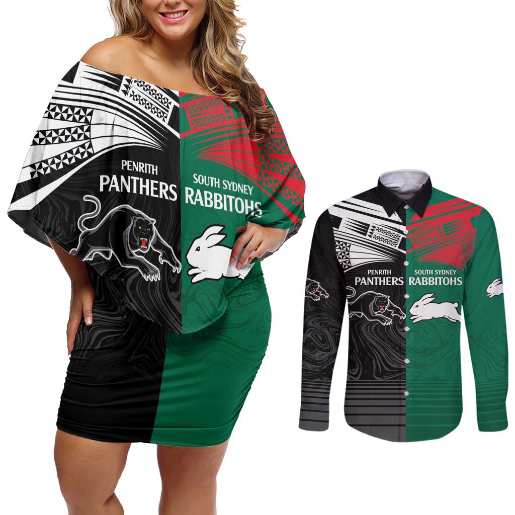 Custom Rabbitohs-Panthers Couples Matching Off Shoulder Short Dress and Long Sleeve Button Shirt NRL Tribal Half Style