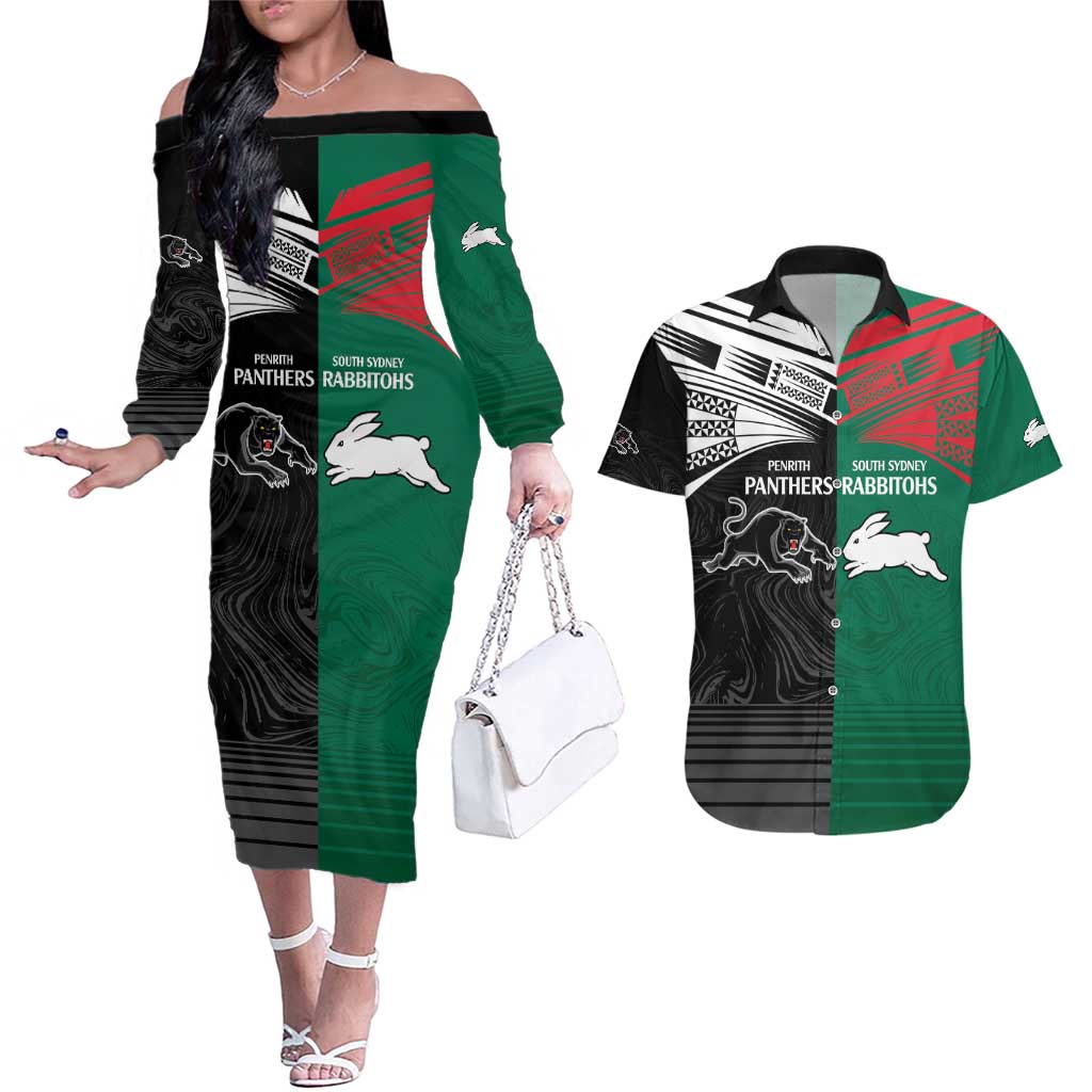Custom Rabbitohs-Panthers Couples Matching Off The Shoulder Long Sleeve Dress and Hawaiian Shirt NRL Tribal Half Style