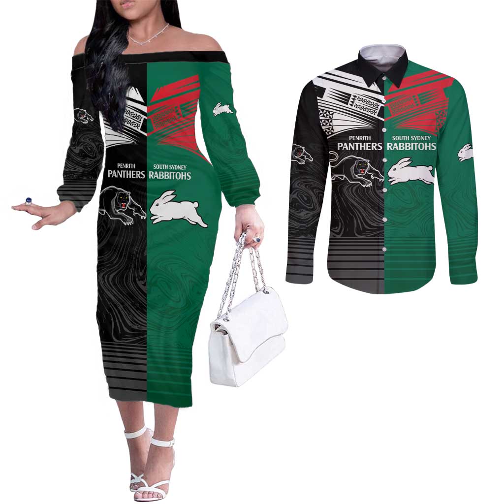 Custom Rabbitohs-Panthers Couples Matching Off The Shoulder Long Sleeve Dress and Long Sleeve Button Shirt NRL Tribal Half Style