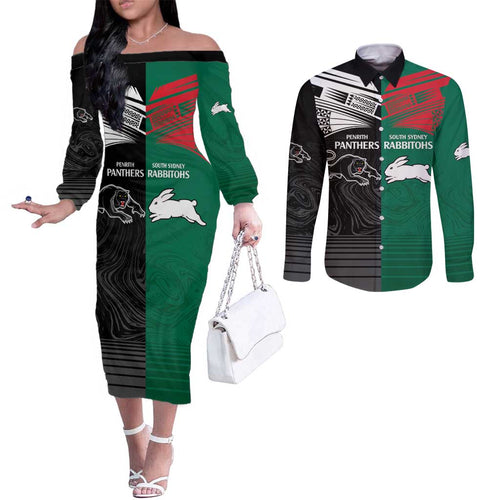 Custom Rabbitohs-Panthers Couples Matching Off The Shoulder Long Sleeve Dress and Long Sleeve Button Shirt NRL Tribal Half Style