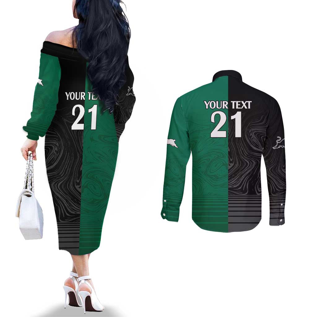 Custom Rabbitohs-Panthers Couples Matching Off The Shoulder Long Sleeve Dress and Long Sleeve Button Shirt NRL Tribal Half Style