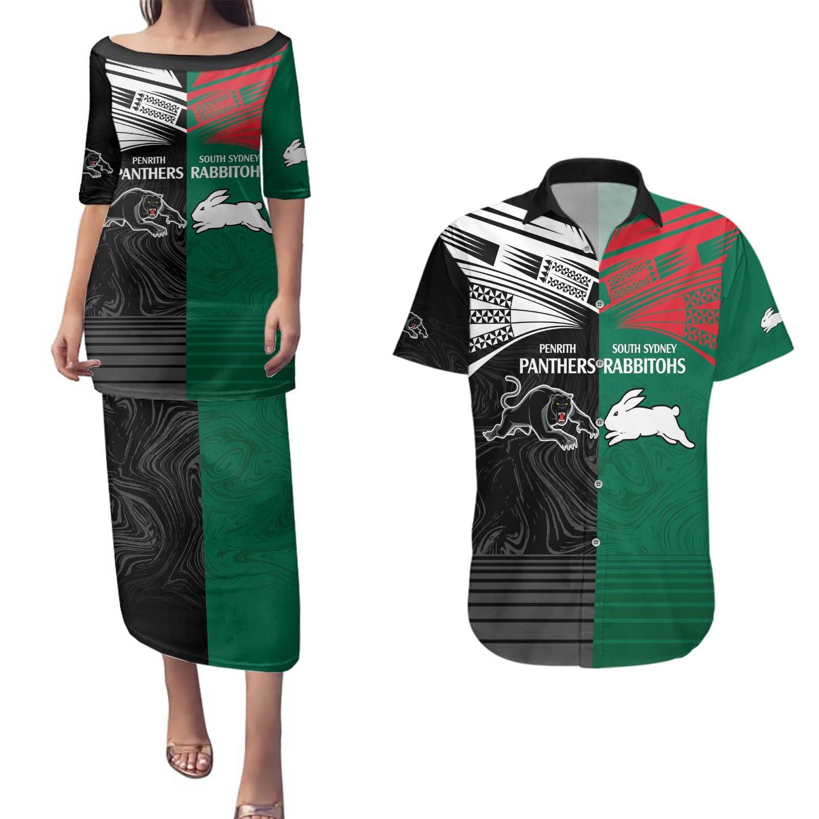 Custom Rabbitohs-Panthers Couples Matching Puletasi and Hawaiian Shirt NRL Tribal Half Style