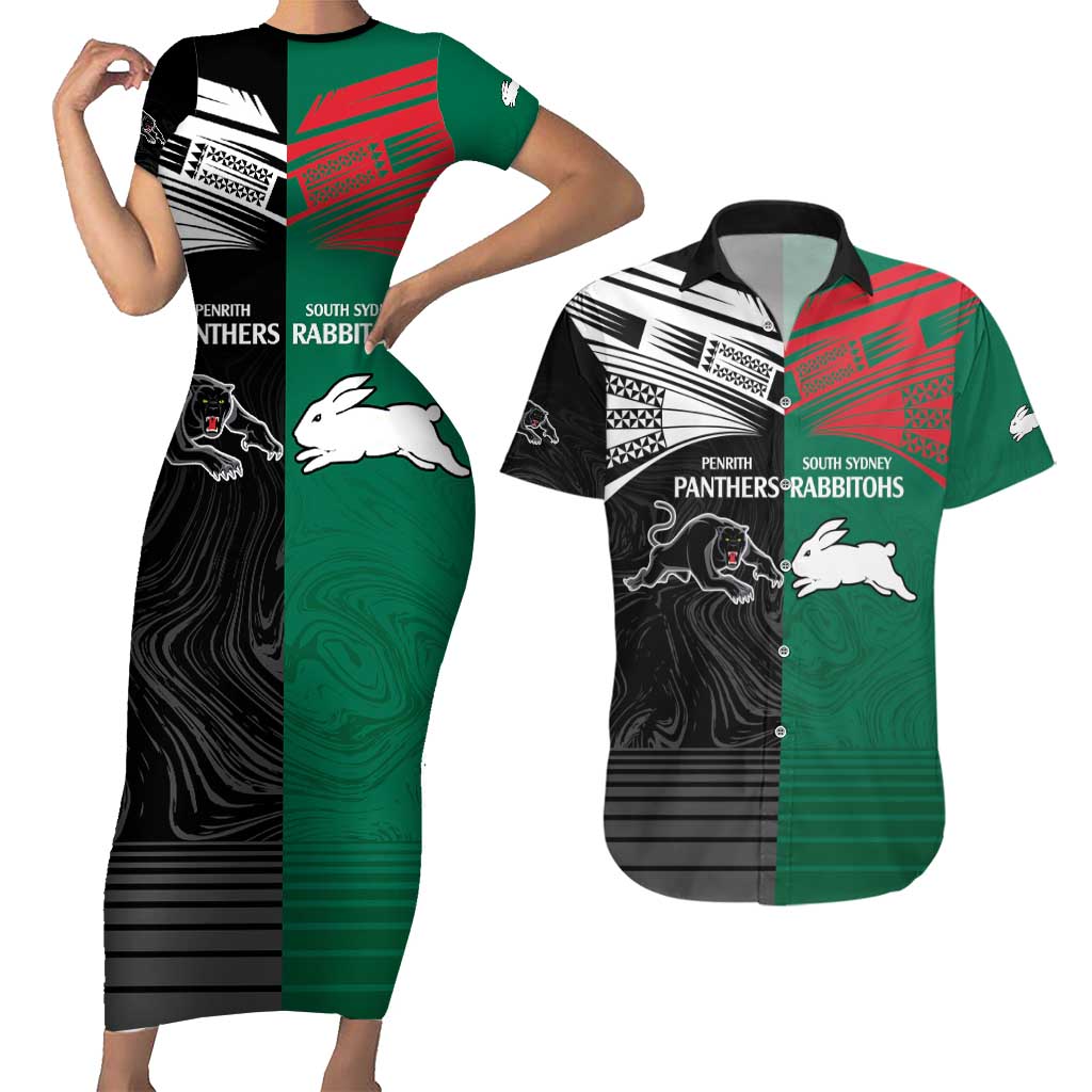 Custom Rabbitohs-Panthers Couples Matching Short Sleeve Bodycon Dress and Hawaiian Shirt NRL Tribal Half Style