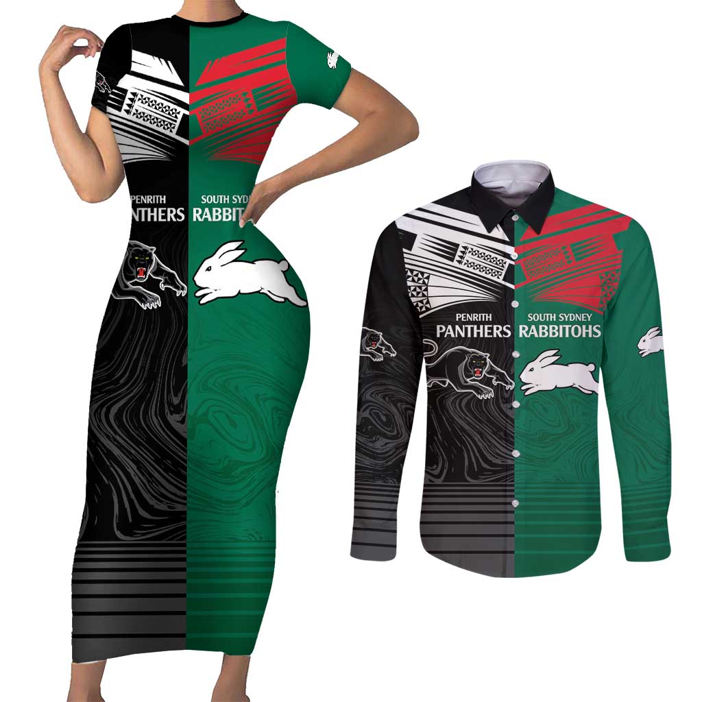 Custom Rabbitohs-Panthers Couples Matching Short Sleeve Bodycon Dress and Long Sleeve Button Shirt NRL Tribal Half Style