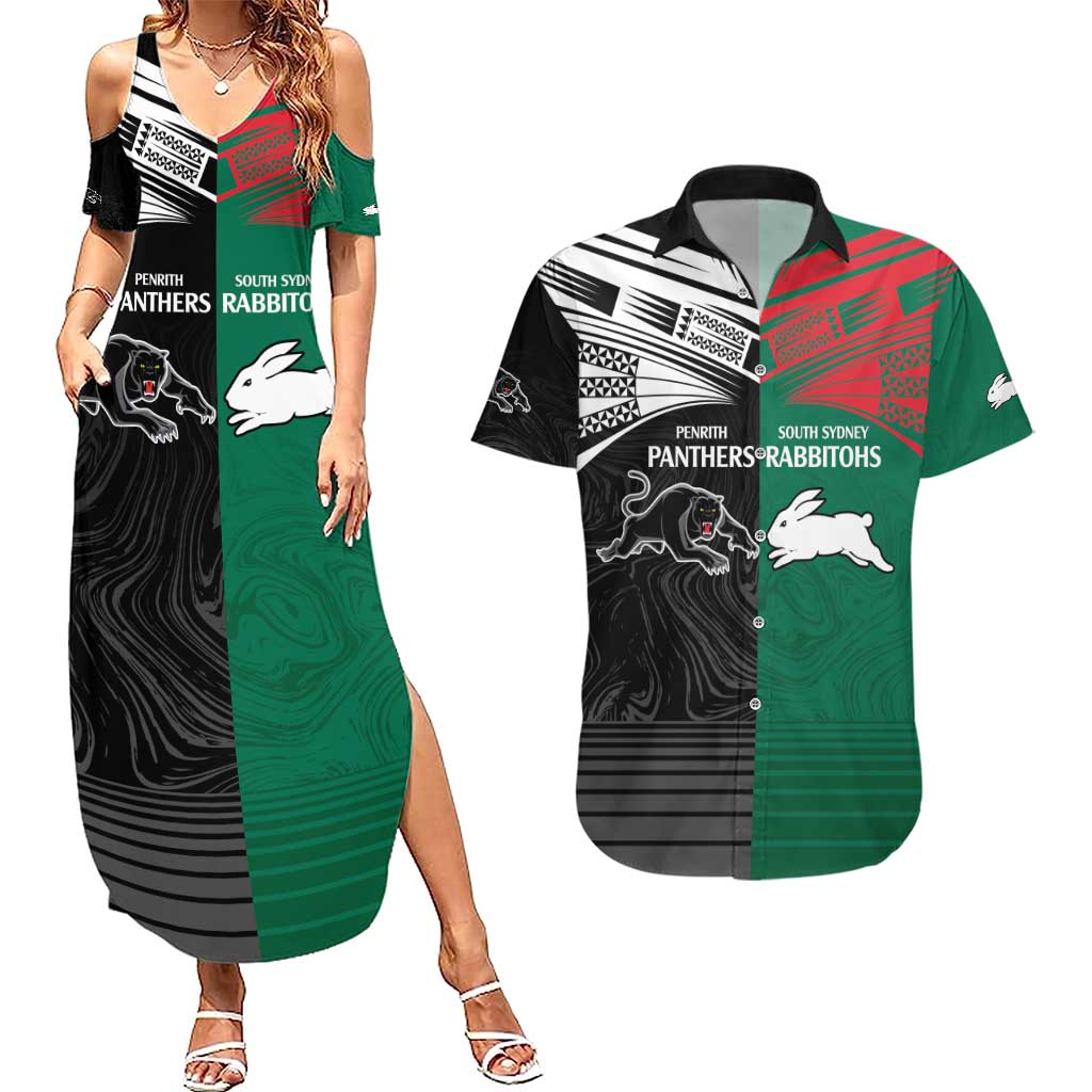 Custom Rabbitohs-Panthers Couples Matching Summer Maxi Dress and Hawaiian Shirt NRL Tribal Half Style