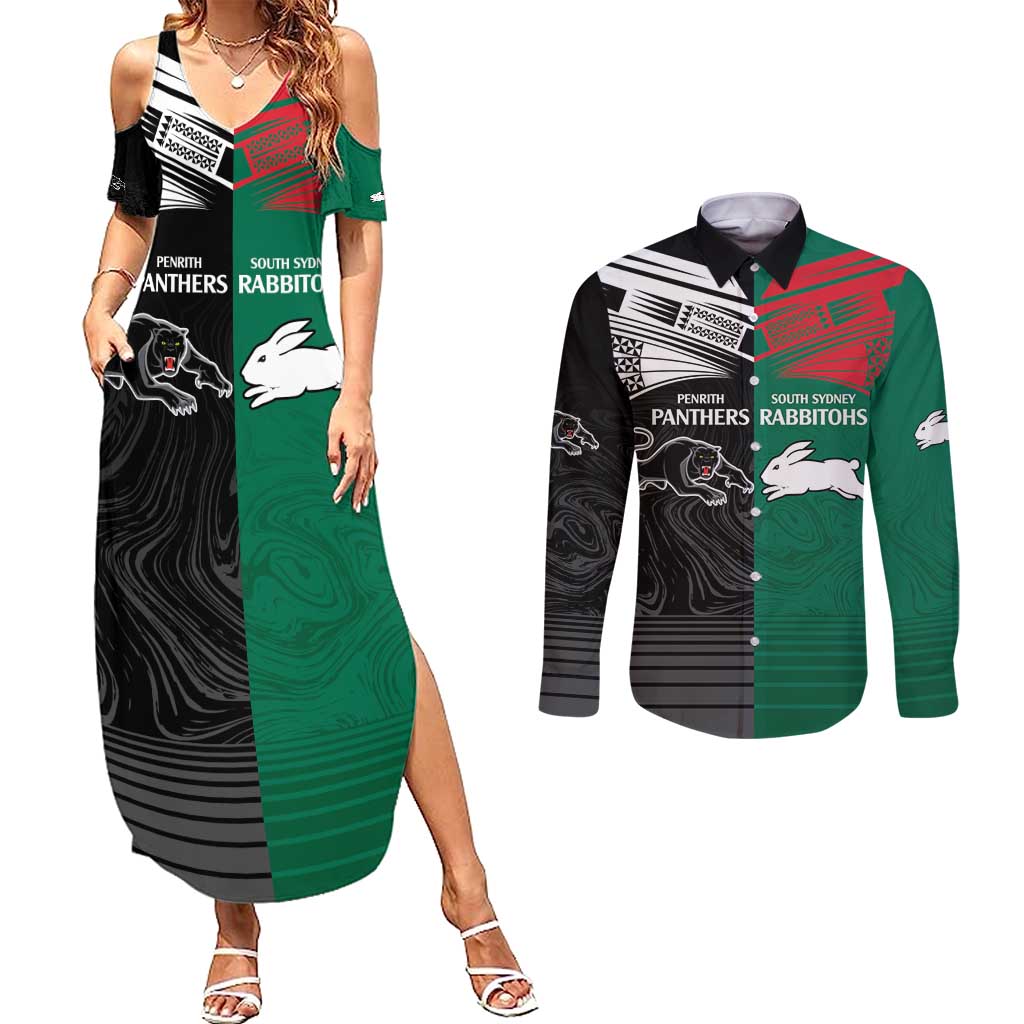 Custom Rabbitohs-Panthers Couples Matching Summer Maxi Dress and Long Sleeve Button Shirt NRL Tribal Half Style