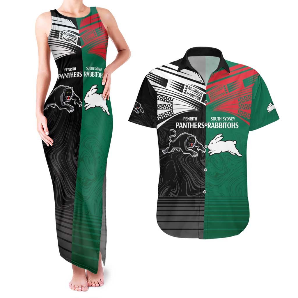 Custom Rabbitohs-Panthers Couples Matching Tank Maxi Dress and Hawaiian Shirt NRL Tribal Half Style