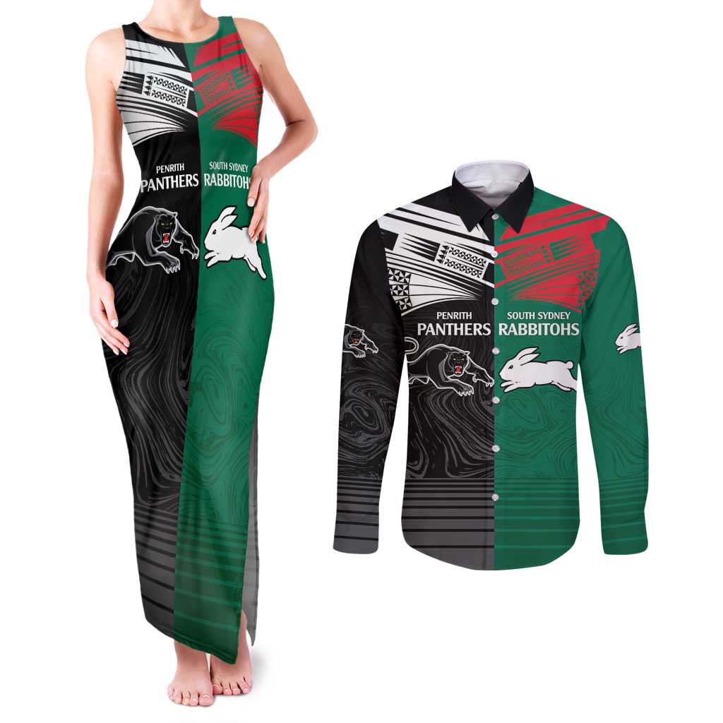 Custom Rabbitohs-Panthers Couples Matching Tank Maxi Dress and Long Sleeve Button Shirt NRL Tribal Half Style