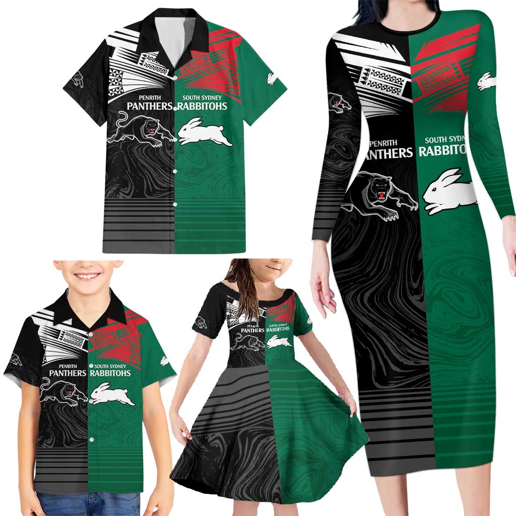 Custom Rabbitohs-Panthers Family Matching Long Sleeve Bodycon Dress and Hawaiian Shirt NRL Tribal Half Style