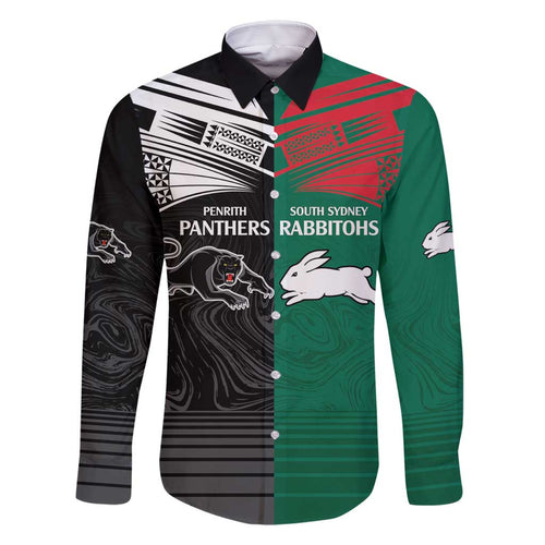 Custom Rabbitohs-Panthers Family Matching Long Sleeve Bodycon Dress and Hawaiian Shirt NRL Tribal Half Style
