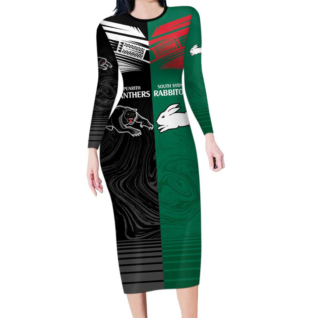Custom Rabbitohs-Panthers Family Matching Long Sleeve Bodycon Dress and Hawaiian Shirt NRL Tribal Half Style