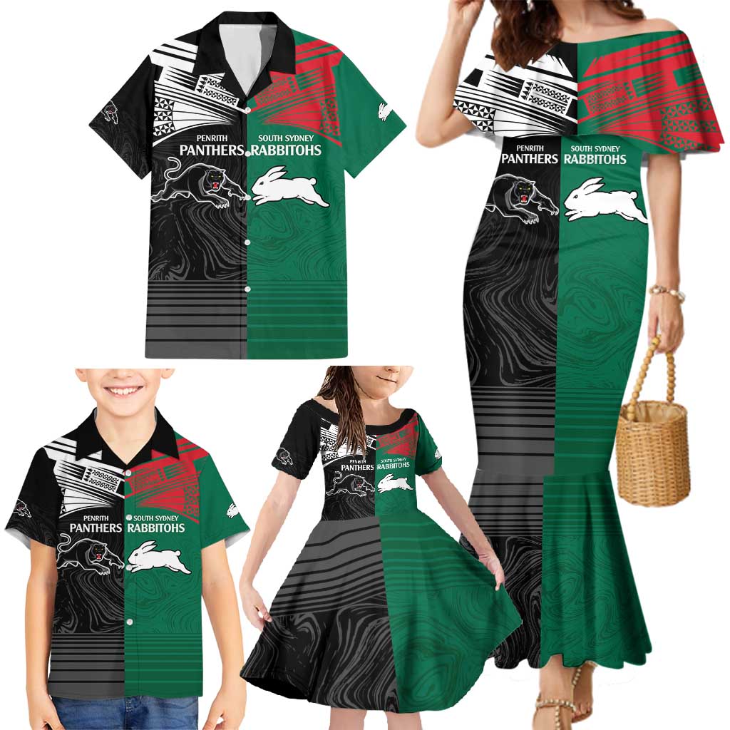 Custom Rabbitohs-Panthers Family Matching Mermaid Dress and Hawaiian Shirt NRL Tribal Half Style