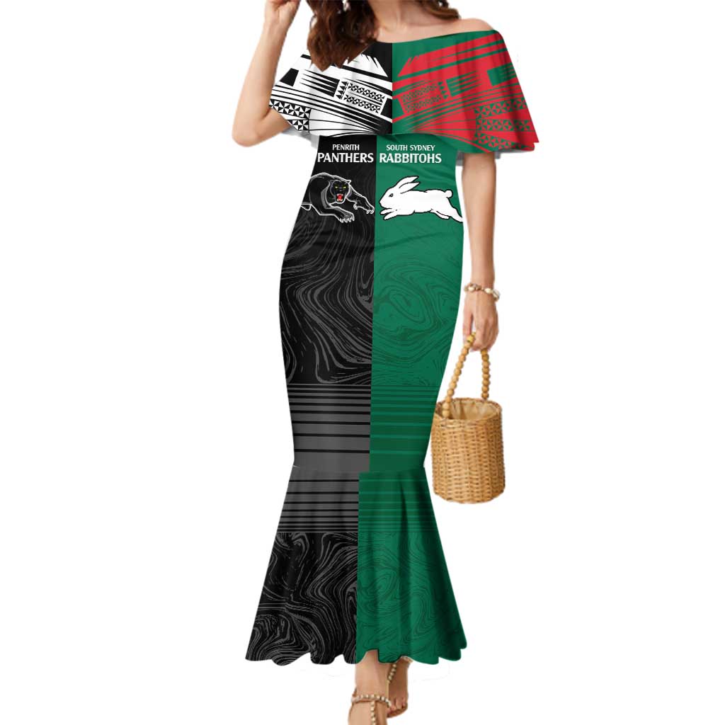 Custom Rabbitohs-Panthers Family Matching Mermaid Dress and Hawaiian Shirt NRL Tribal Half Style
