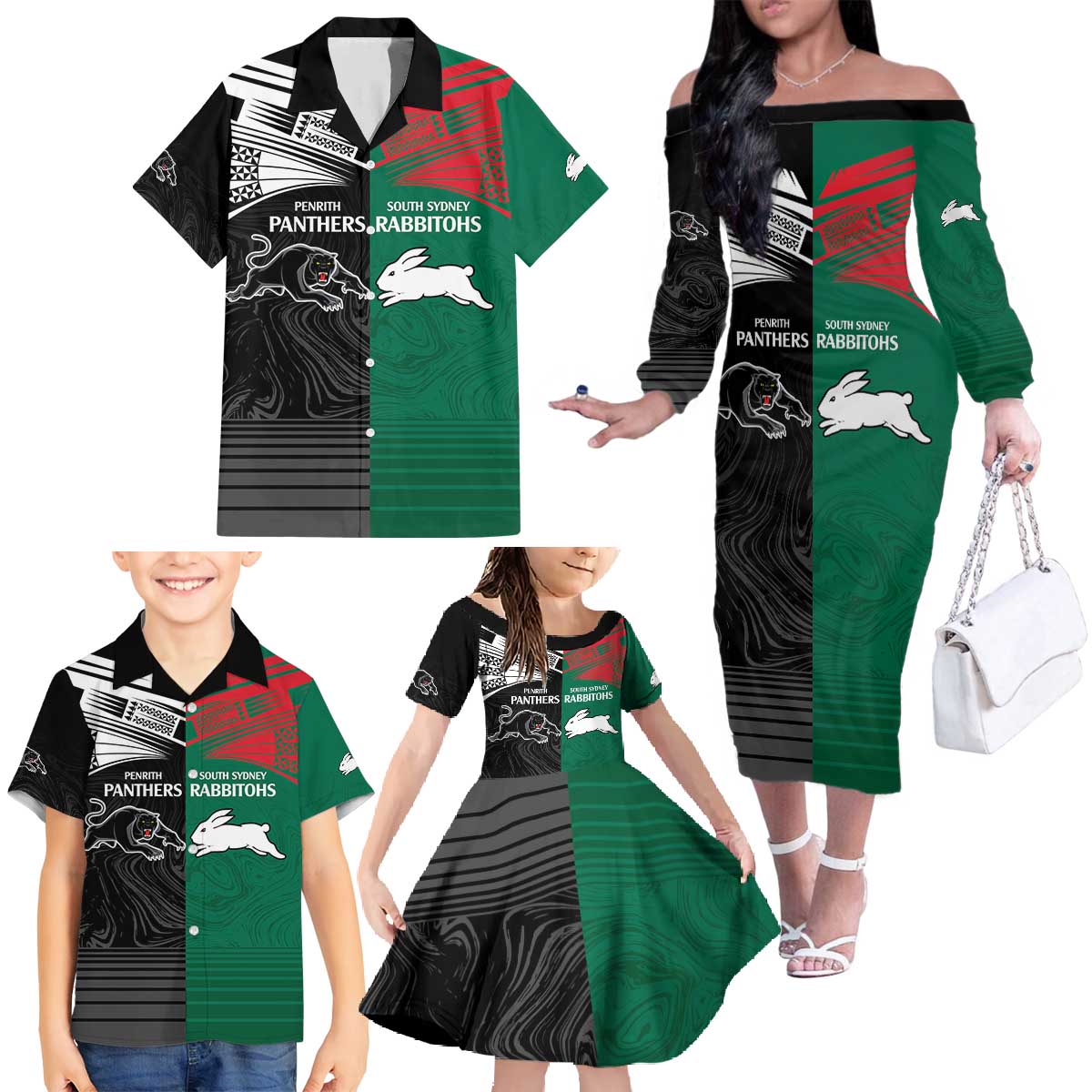 Custom Rabbitohs-Panthers Family Matching Off The Shoulder Long Sleeve Dress and Hawaiian Shirt NRL Tribal Half Style