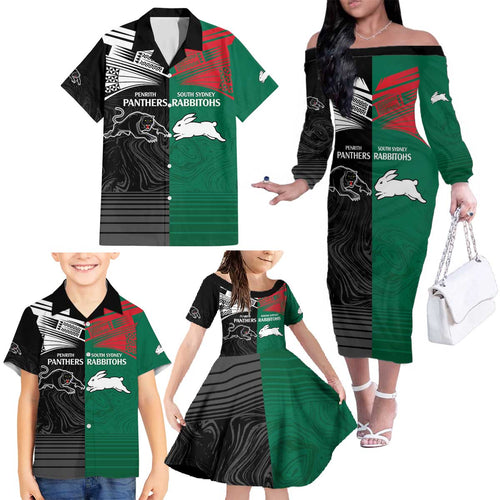 Custom Rabbitohs-Panthers Family Matching Off The Shoulder Long Sleeve Dress and Hawaiian Shirt NRL Tribal Half Style