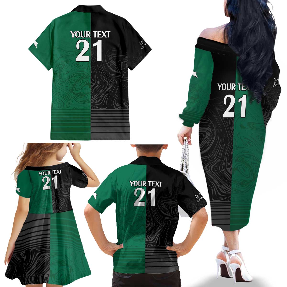 Custom Rabbitohs-Panthers Family Matching Off The Shoulder Long Sleeve Dress and Hawaiian Shirt NRL Tribal Half Style