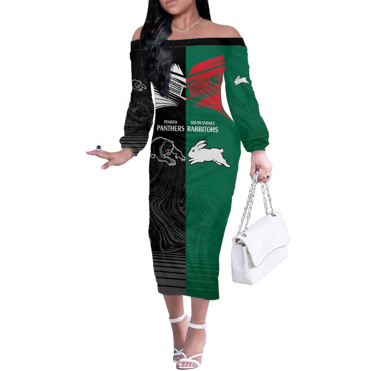 Custom Rabbitohs-Panthers Family Matching Off The Shoulder Long Sleeve Dress and Hawaiian Shirt NRL Tribal Half Style