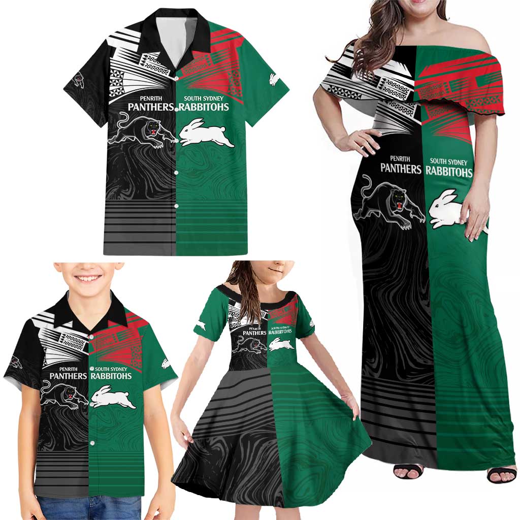 Custom Rabbitohs-Panthers Family Matching Off Shoulder Maxi Dress and Hawaiian Shirt NRL Tribal Half Style