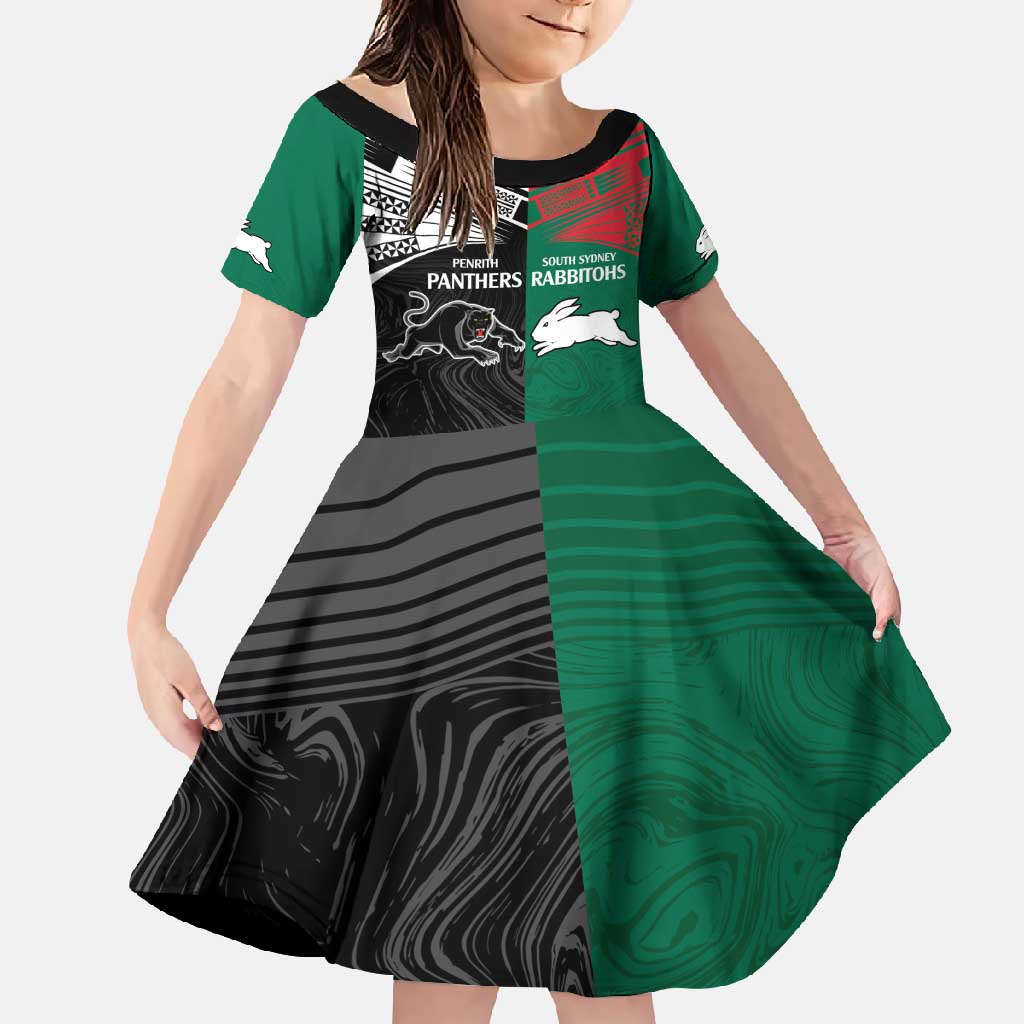 Custom Rabbitohs-Panthers Family Matching Off Shoulder Maxi Dress and Hawaiian Shirt NRL Tribal Half Style