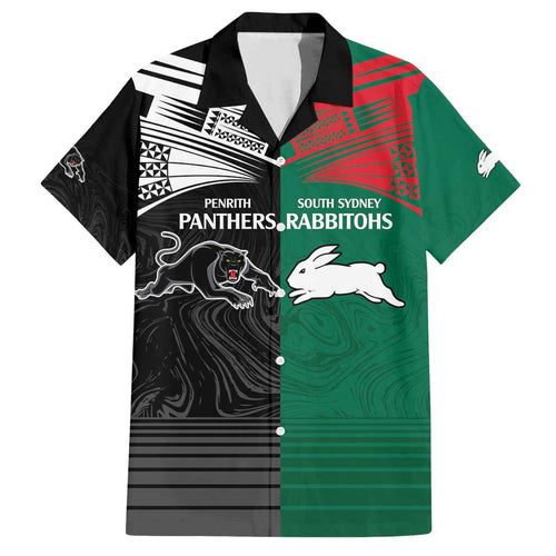 Custom Rabbitohs-Panthers Family Matching Off Shoulder Maxi Dress and Hawaiian Shirt NRL Tribal Half Style