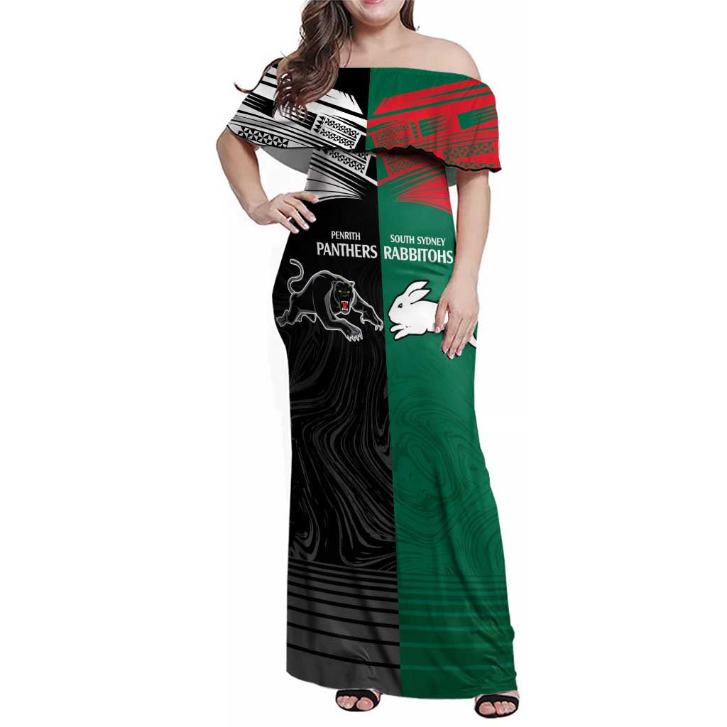 Custom Rabbitohs-Panthers Family Matching Off Shoulder Maxi Dress and Hawaiian Shirt NRL Tribal Half Style