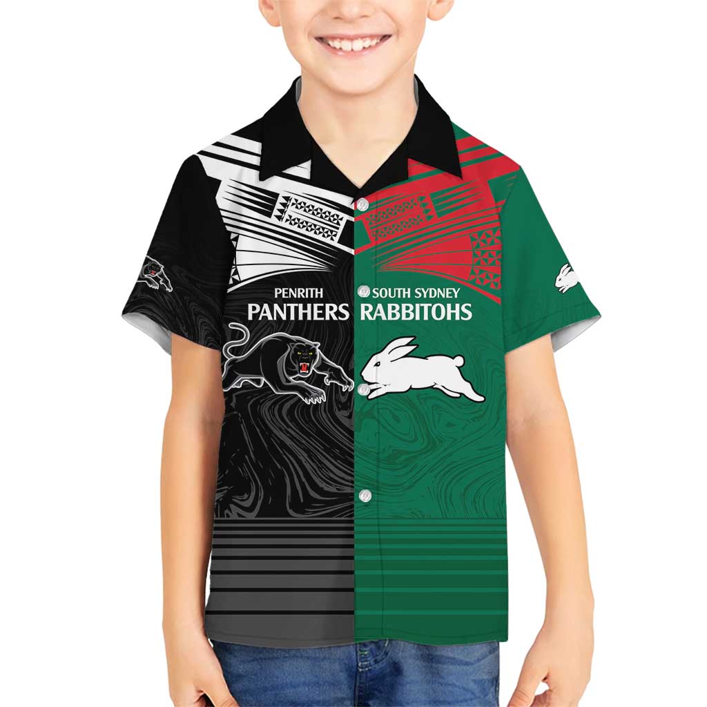 Custom Rabbitohs-Panthers Family Matching Off Shoulder Maxi Dress and Hawaiian Shirt NRL Tribal Half Style