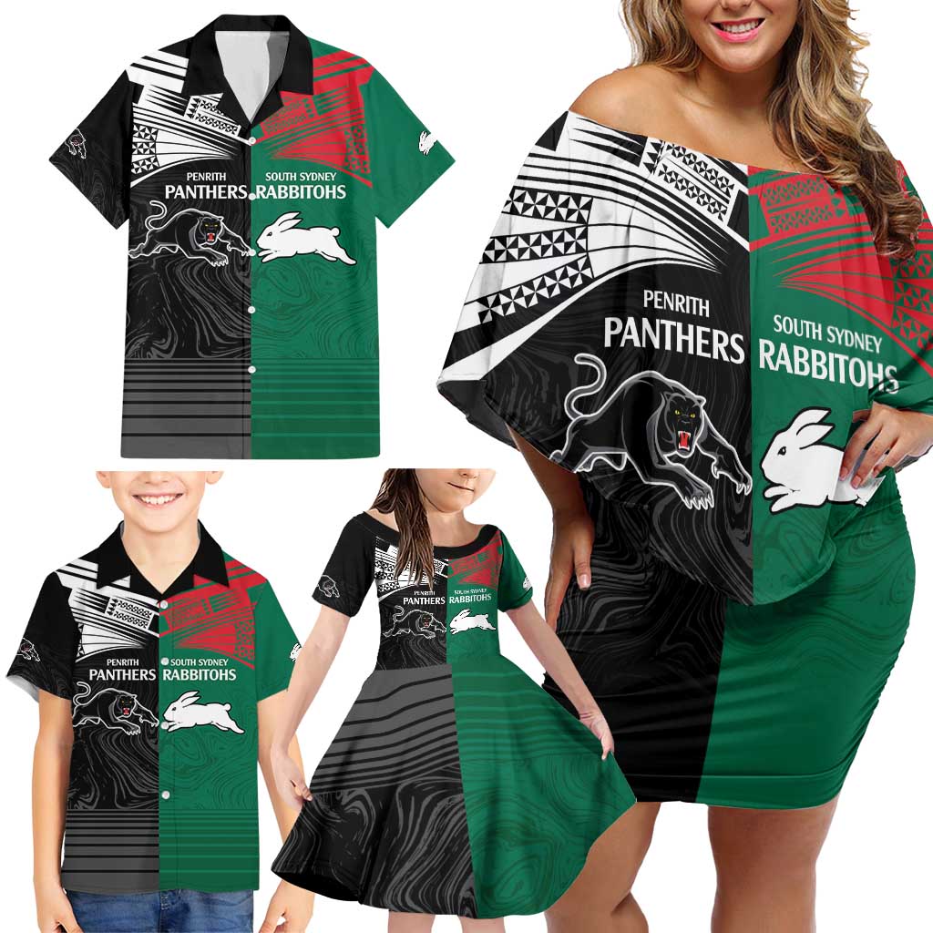 Custom Rabbitohs-Panthers Family Matching Off Shoulder Short Dress and Hawaiian Shirt NRL Tribal Half Style