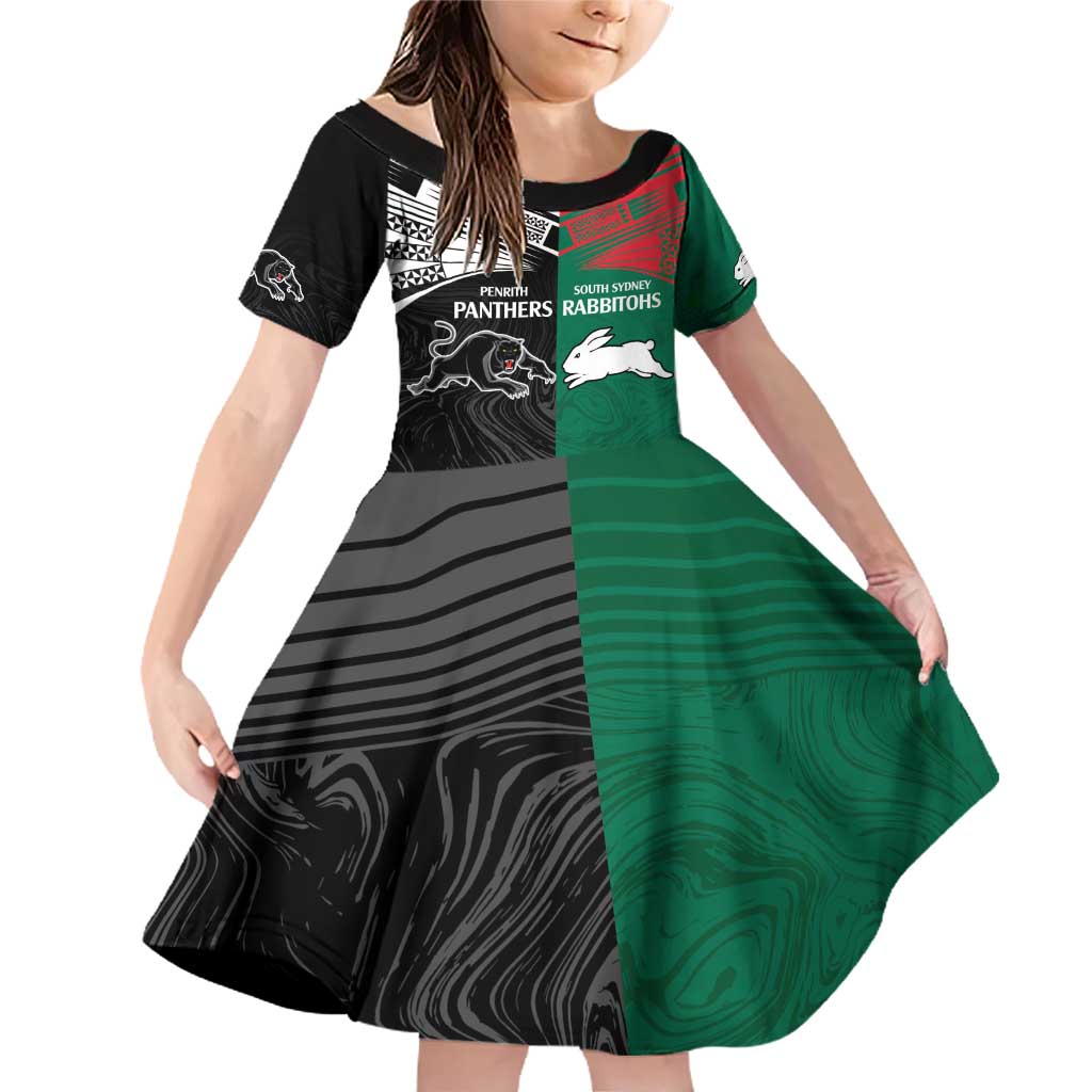 Custom Rabbitohs-Panthers Family Matching Off Shoulder Short Dress and Hawaiian Shirt NRL Tribal Half Style