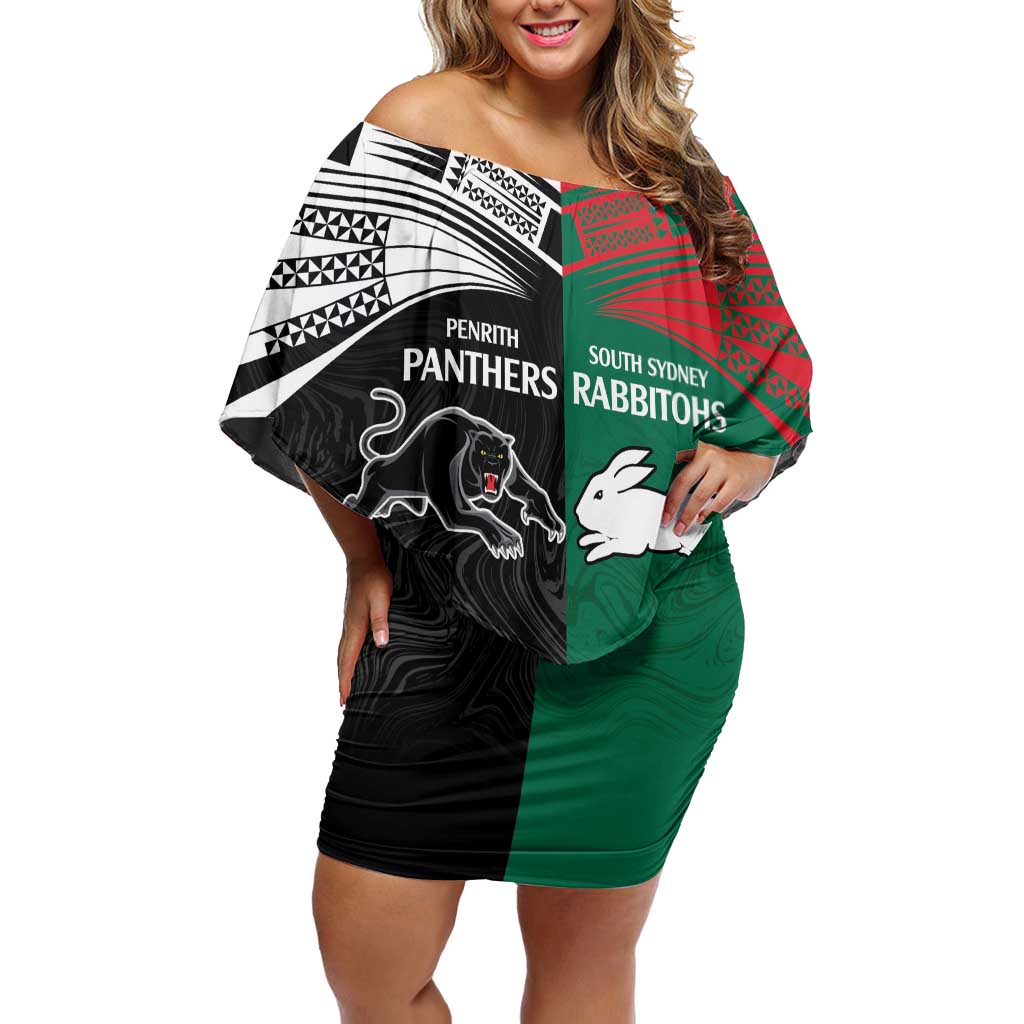 Custom Rabbitohs-Panthers Family Matching Off Shoulder Short Dress and Hawaiian Shirt NRL Tribal Half Style