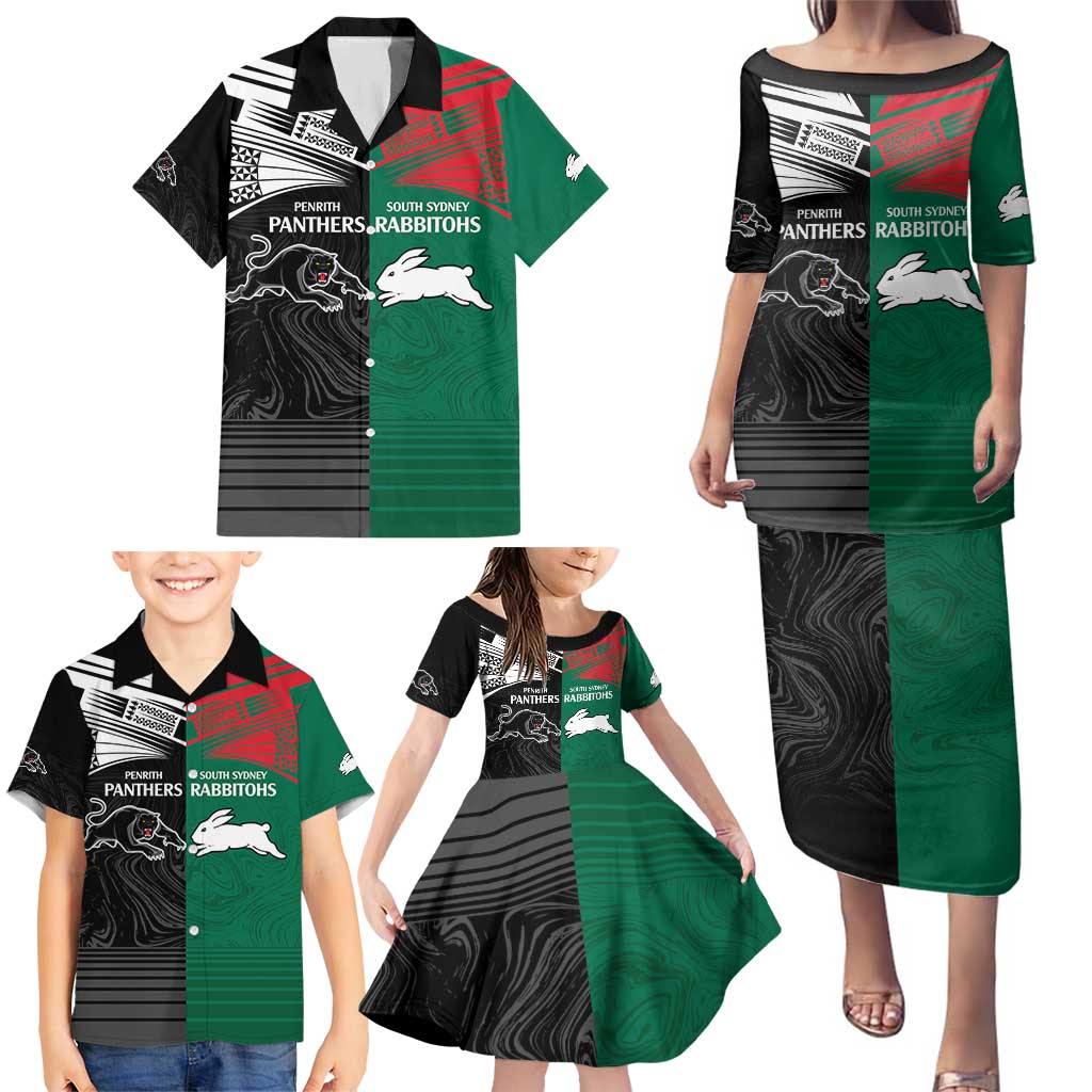 Custom Rabbitohs-Panthers Family Matching Puletasi and Hawaiian Shirt NRL Tribal Half Style